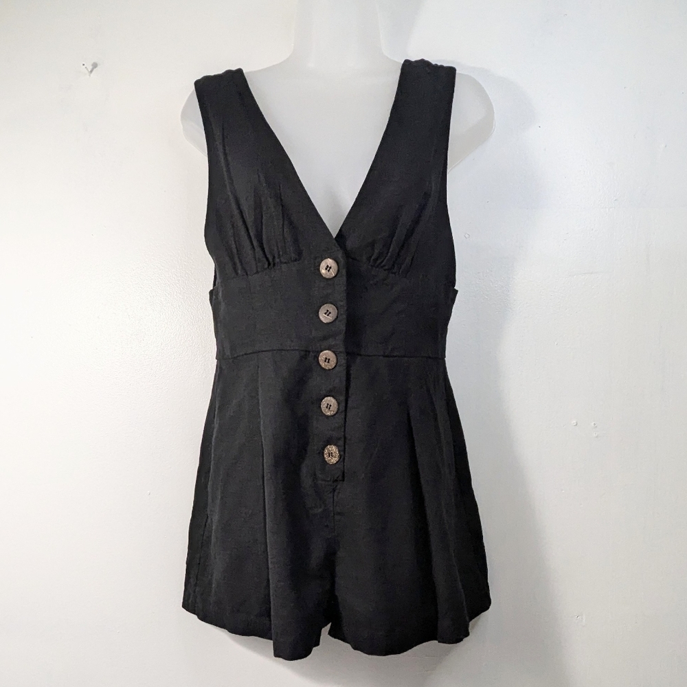 Forever 21 Black Size M Button Front Romper Deep V Neck Sleeveless